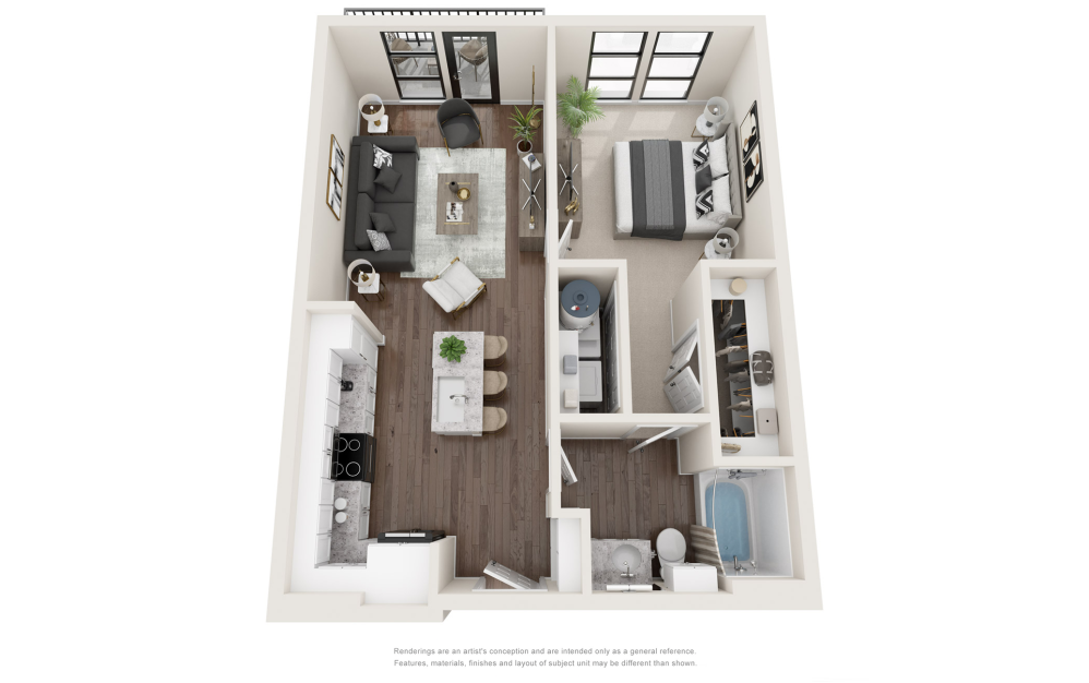 A1 - 1 bedroom floorplan layout with 1 bathroom and 722 square feet (3D)