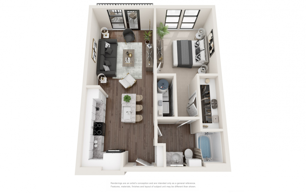 A1 - 1 bedroom floorplan layout with 1 bath and 722 square feet. (3D)