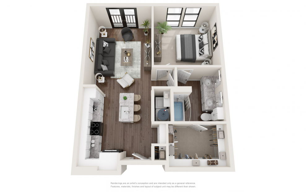 A2 - 1 bedroom floorplan layout with 1 bath and 745 square feet. (3D)