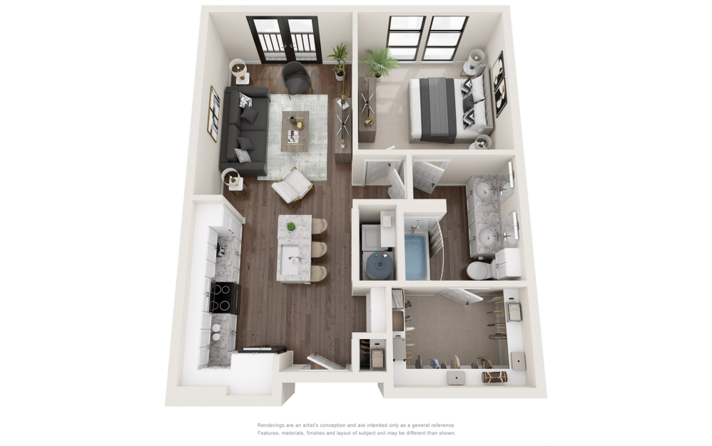 A2 - 1 bedroom floorplan layout with 1 bathroom and 745 square feet (3D)