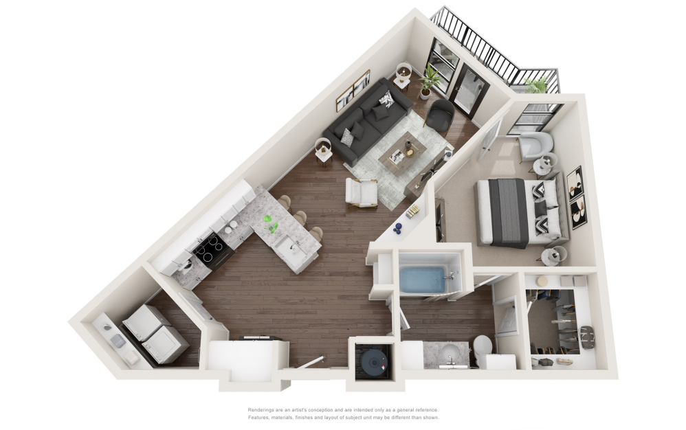 A3 - 1 bedroom floorplan layout with 1 bathroom and 770 square feet (3D)