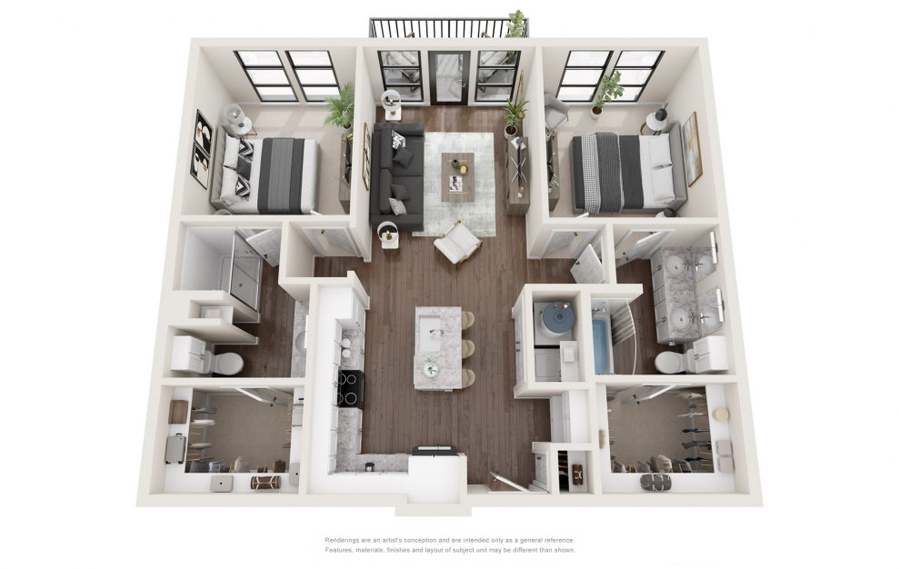 B1 - 2 bedroom floorplan layout with 2 baths and 1052 square feet. (3D)