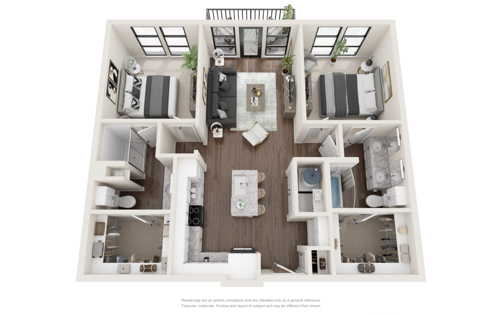 B1 - 2 bedroom floorplan layout with 2 bathrooms and 1052 square feet (3D)