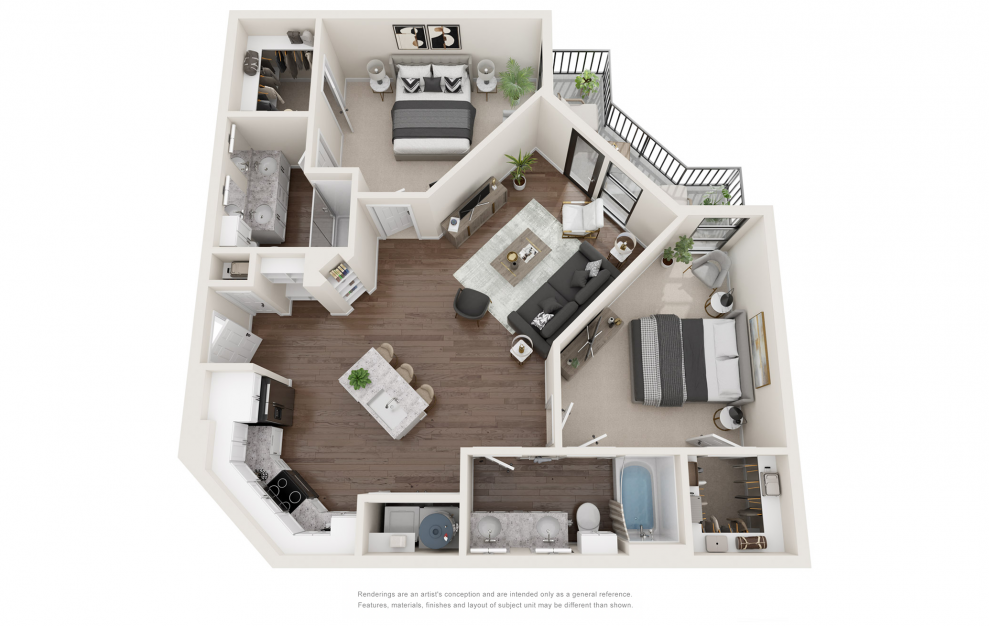 B2 - 2 bedroom floorplan layout with 2 baths and 1108 square feet. (3D)