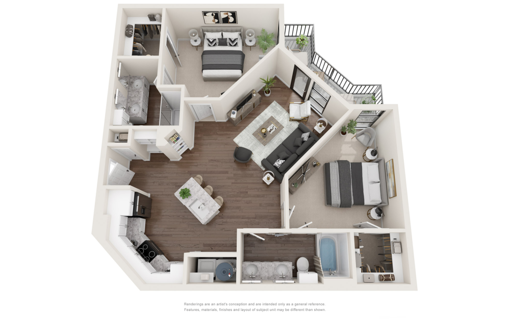 B2 - 2 bedroom floorplan layout with 2 bathrooms and 1108 square feet (3D)