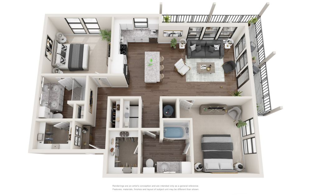 B3 - 2 bedroom floorplan layout with 2 bathrooms and 1232 square feet (3D)