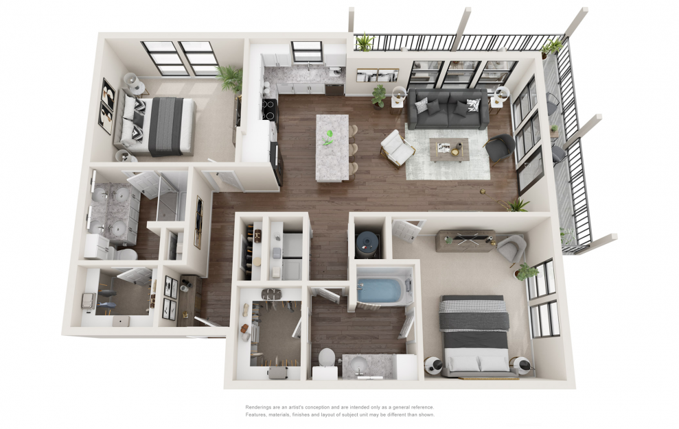 B3 - 2 bedroom floorplan layout with 2 baths and 1232 square feet. (3D)
