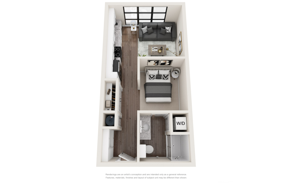 S1 - Studio floorplan layout with 1 bathroom and 465 square feet (3D)