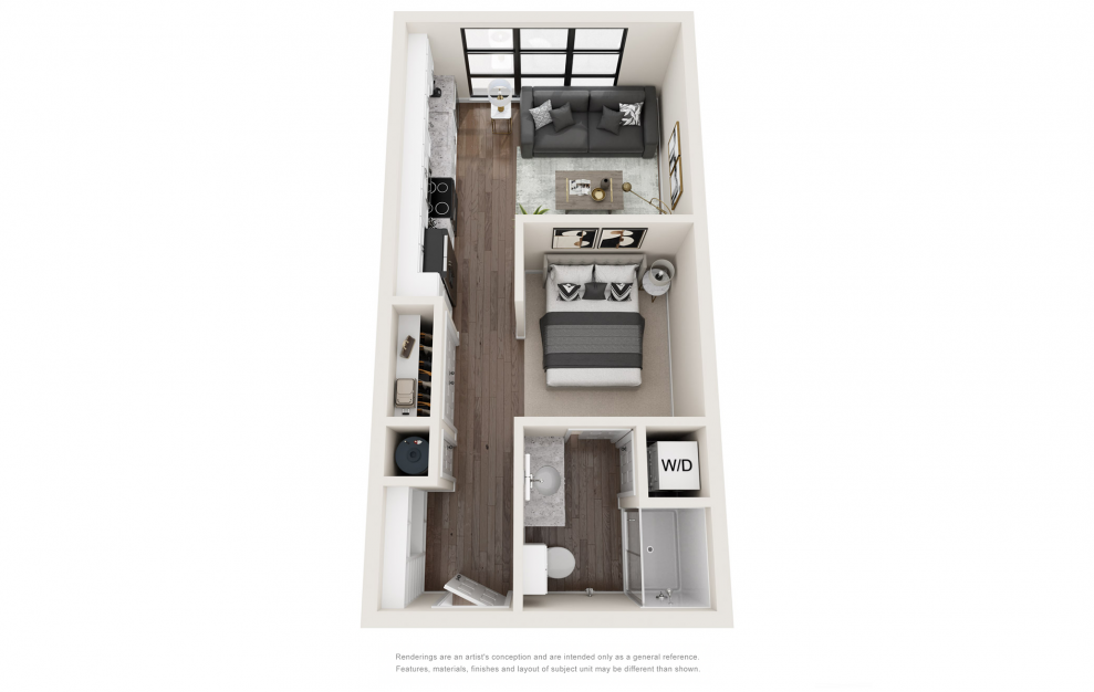 S1 - Studio floorplan layout with 1 bath and 465 square feet. (3D)