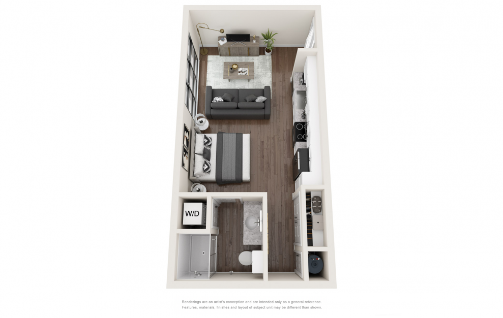 S2 - Studio floorplan layout with 1 bath and 465 to 525 square feet. (3D)