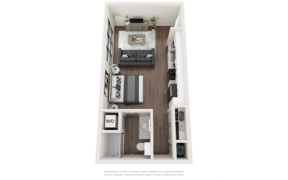 S2 - Studio floorplan layout with 1 bathroom and 465 - 525 square feet (3D)