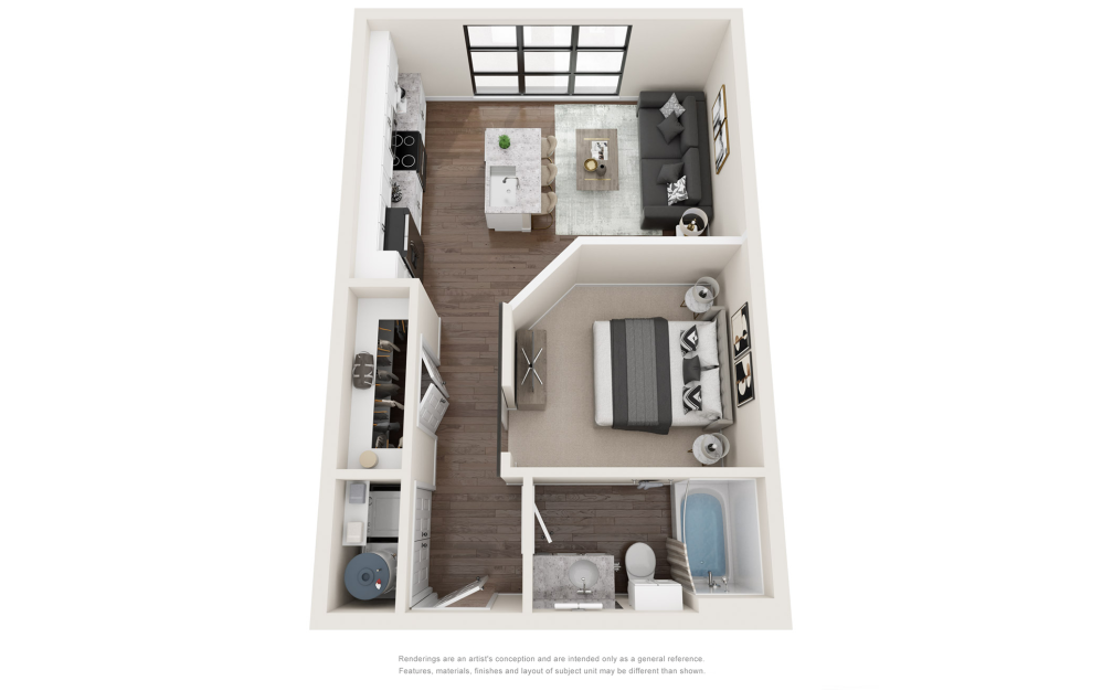 S3 - Studio floorplan layout with 1 bathroom and 585 - 640 square feet (3D)