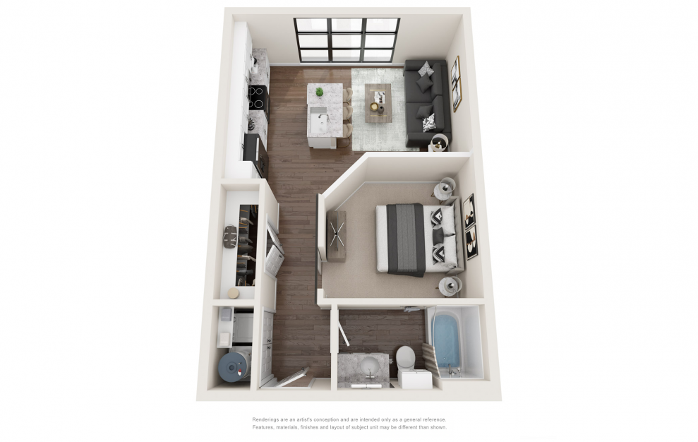 S3 - Studio floorplan layout with 1 bath and 585 to 640 square feet. (3D)