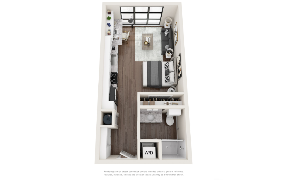 S4 - Studio floorplan layout with 1 bathroom and 465 - 496 square feet (3D)