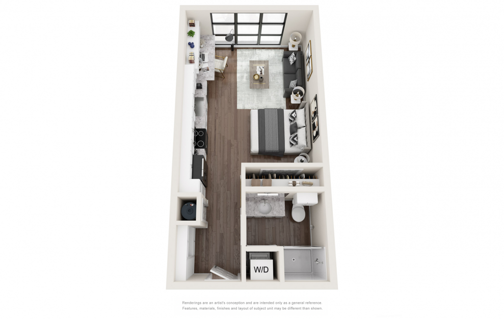 S4 - Studio floorplan layout with 1 bath and 465 to 496 square feet. (3D)
